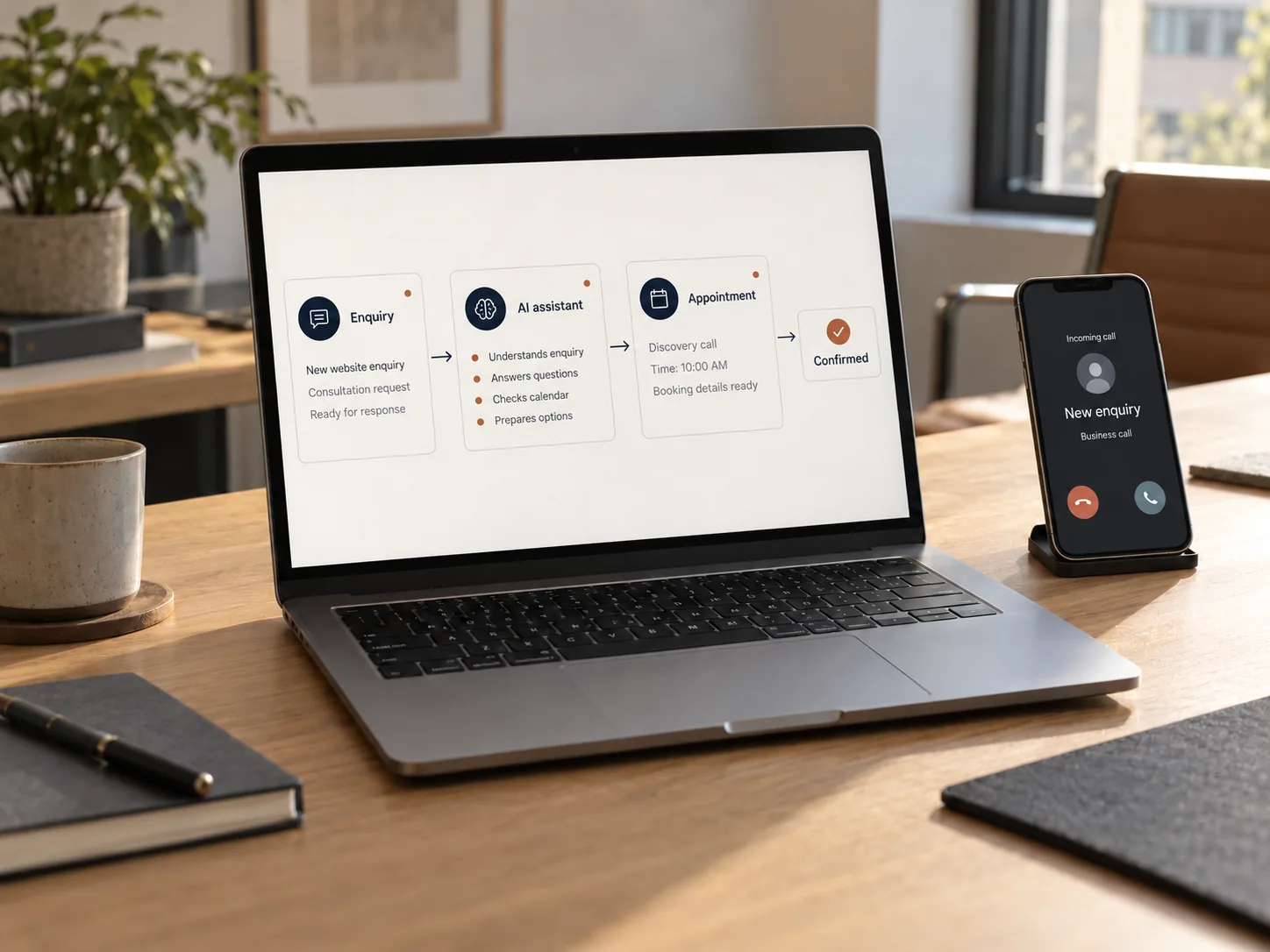 Illustrative automation setup showing an enquiry routed through an AI assistant into a confirmed appointment