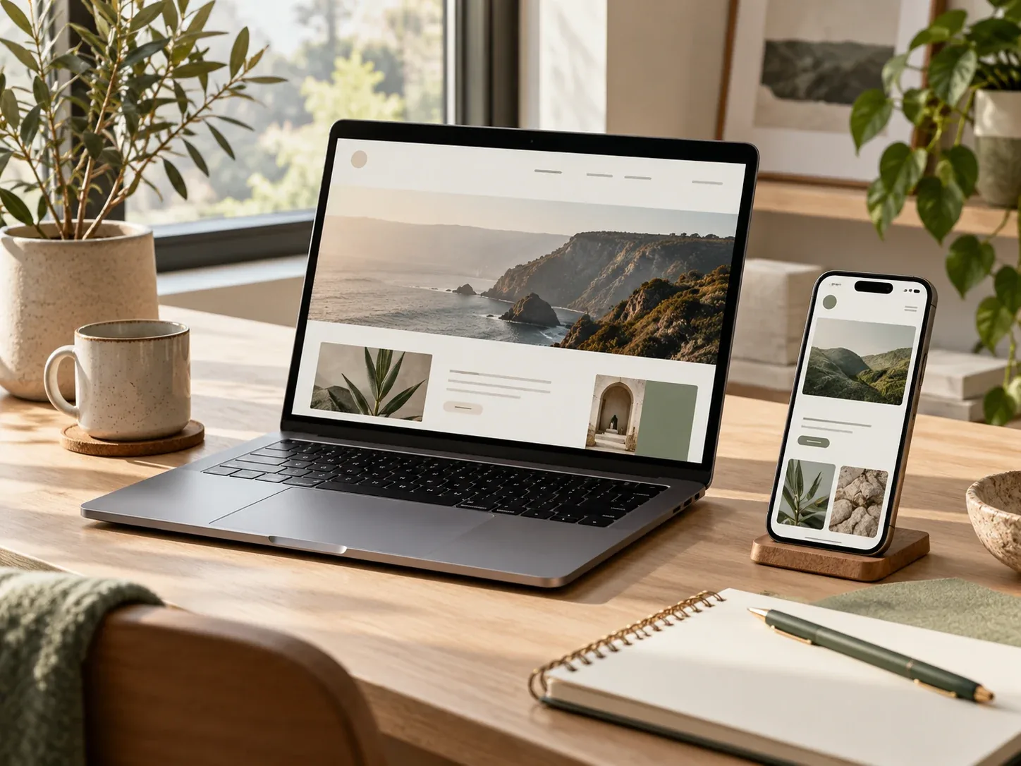 Website and mobile app design displayed on a laptop and phone